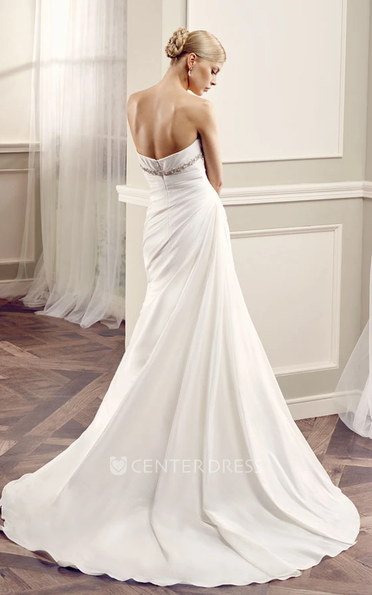 Strapless Floor-Length Side-Draped Chiffon Wedding Dress With Court Train And V Back