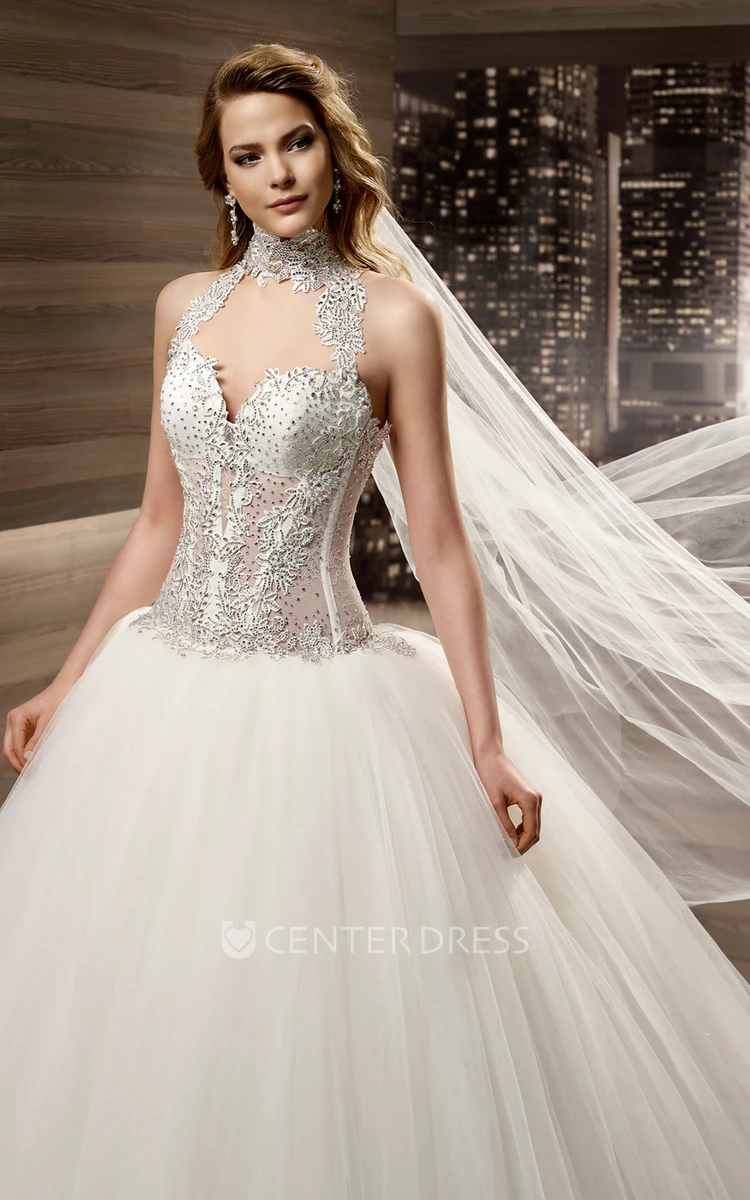 High-Neck Keyhole A-Line Bridal Gown With Beaded Bodice And Pleated Skirt
