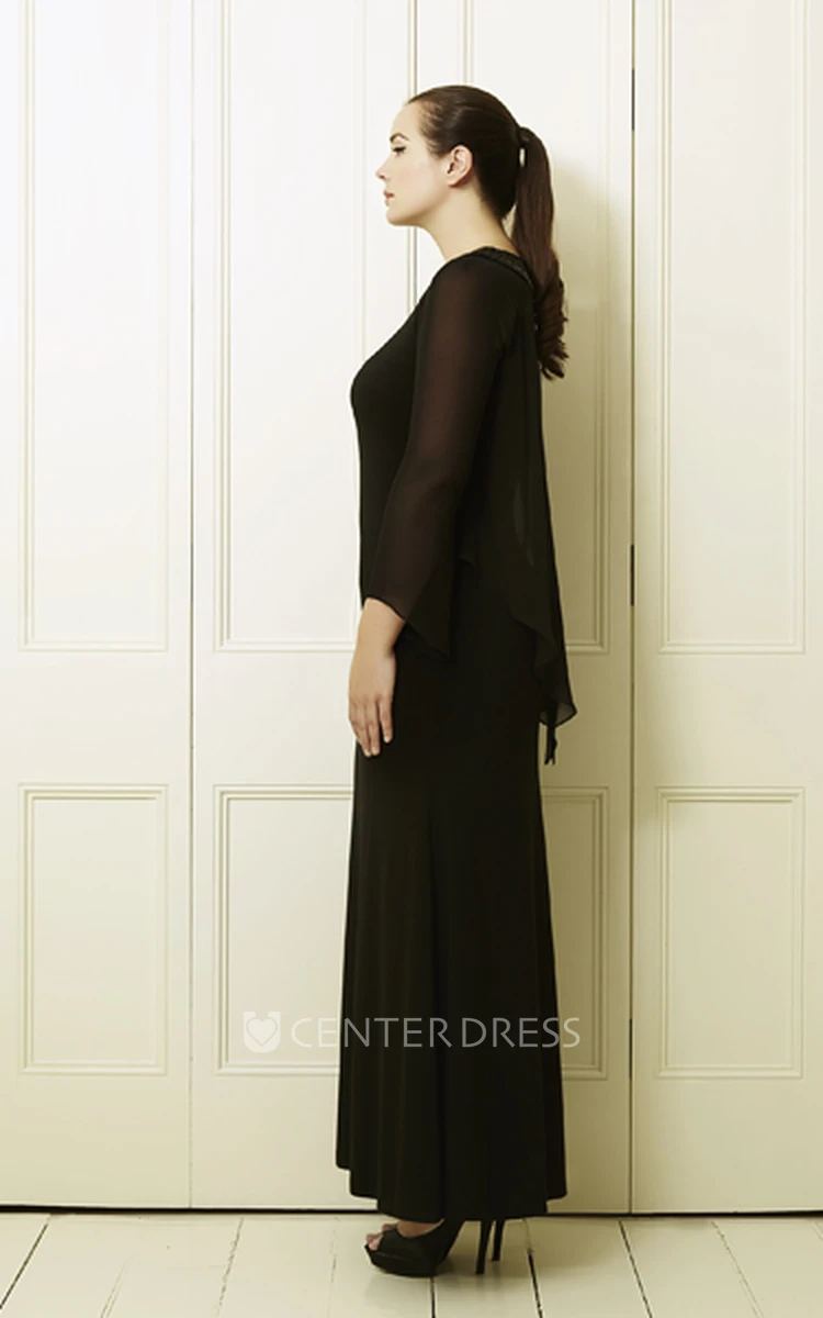 Long-Sleeve Scoop-Neck Ankle-Length Chiffon Plus Size Prom Dress