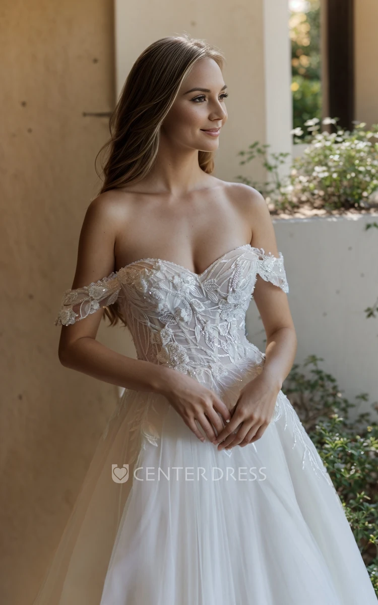 Bohemian Floral A-Line Off-the-Shoulder Wedding Dress Ethereal Flowy Floor Length Appliques Sequins Bridal Gown