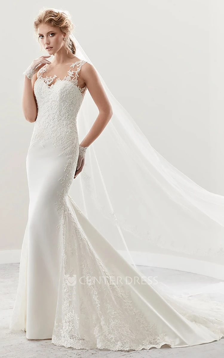 Illusion Cap Sleeve Sheath Lace Bridal Gown With Appliques And Open Back