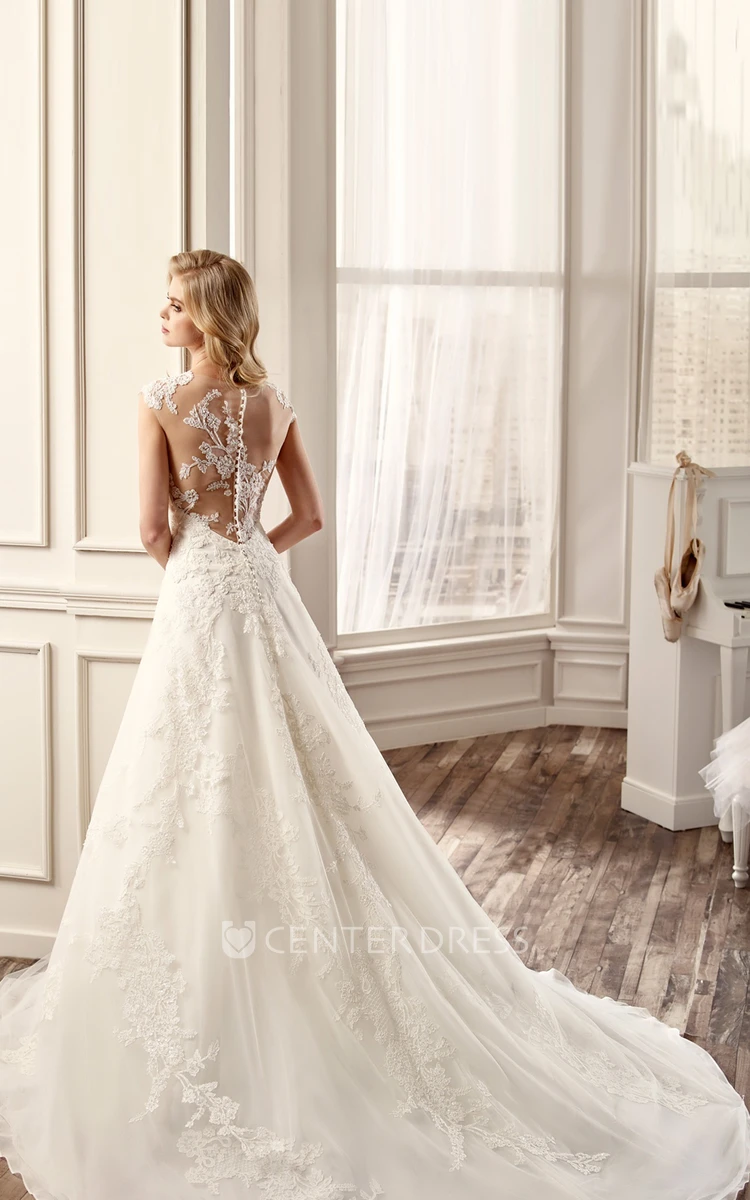V-Neck A-Line Wedding Dress With Brush Train And Illusive Back