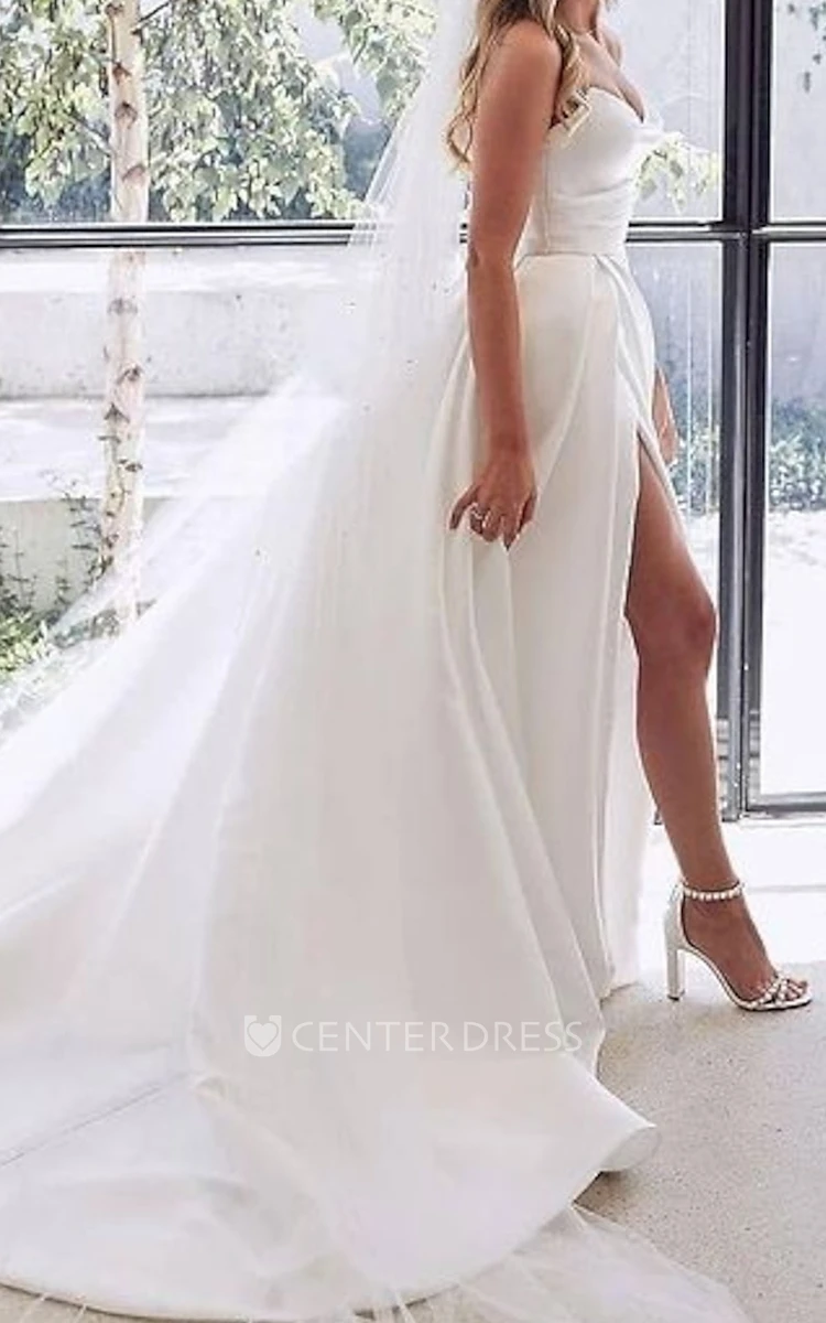 Modern Sexy A-Line Satin Wedding Dress Casual Elegant Garden Strapless Split Front Ruched Bridal Gown