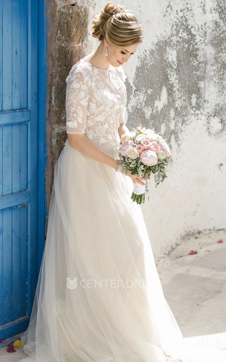 A-Line Tulle Bateau Half Sleeve Wedding Dress Modest Bohemian Floor-Length Dress