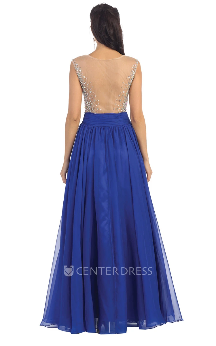 A-Line Long Scoop-Neck Cap-Sleeve Chiffon Illusion Dress With Pleats And Beading
