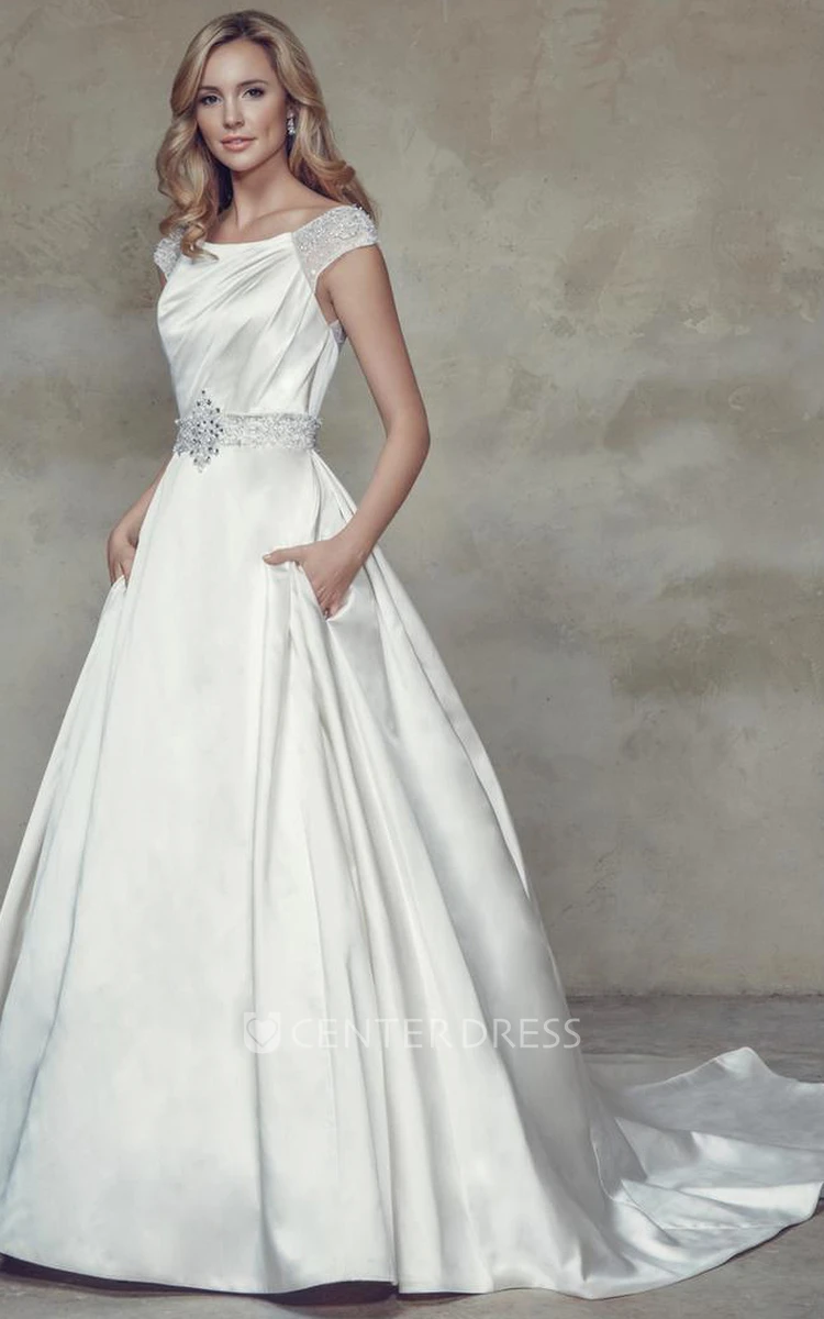 A-Line Bateau-Neck Jeweled Cap-Sleeve Maxi Satin Wedding Dress With Beading And V Back