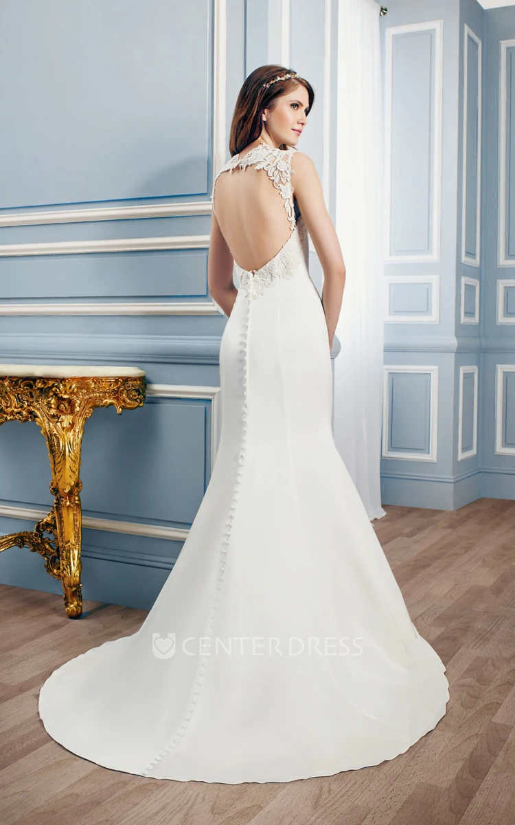 Trumpet Queen-Anne Long Sleeveless Appliqued Satin Wedding Dress With Court Train And Keyhole Back