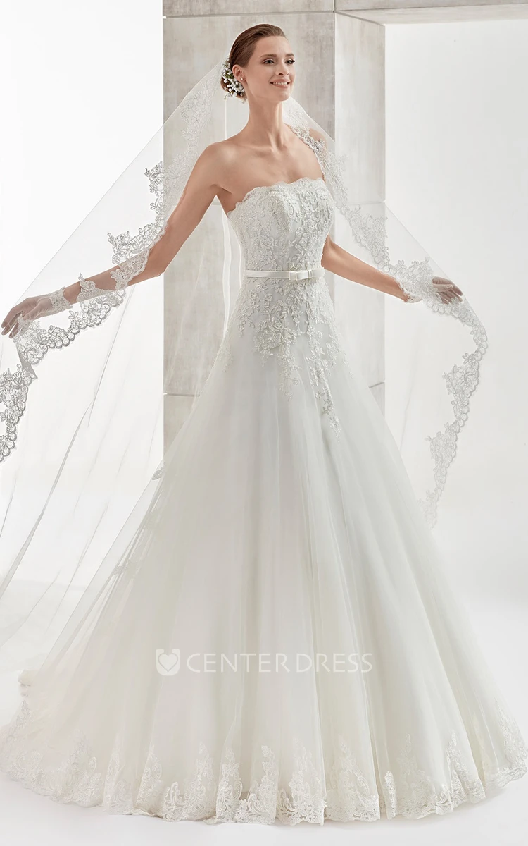 Strapless A-Line Wedding Dress with Appliques and Tulle Skirt