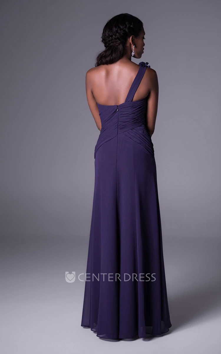 Floral One-Shoulder Sleeveless Chiffon Bridesmaid Dress With Ruching