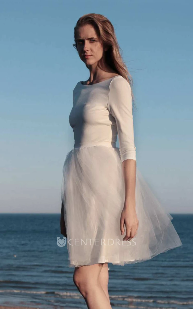 Modest Simple A-Line Short Beach Satin Tulle Wedding Dress Modern Casual Minimalist Boat Neckline Half Sleeve Mini Bridal Gown