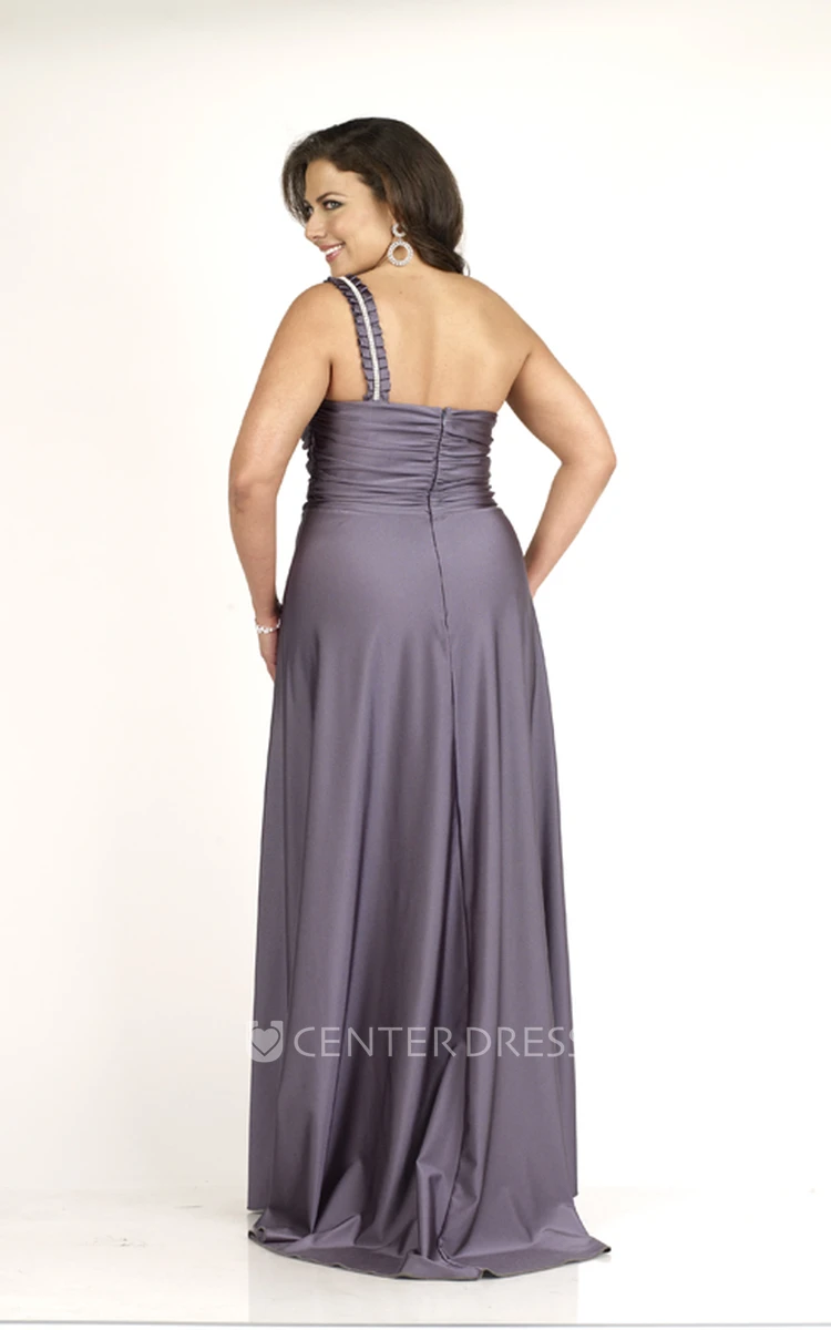 Floor-length One-shoulder Sleeveless Jersey Ruching Sweep Train Zipper Dress