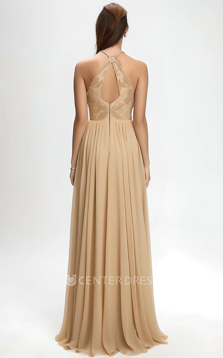 2023 A-Line Prom Dress Bohemian Halter Neck Keyhole Back Floor-length Chiffon Lace