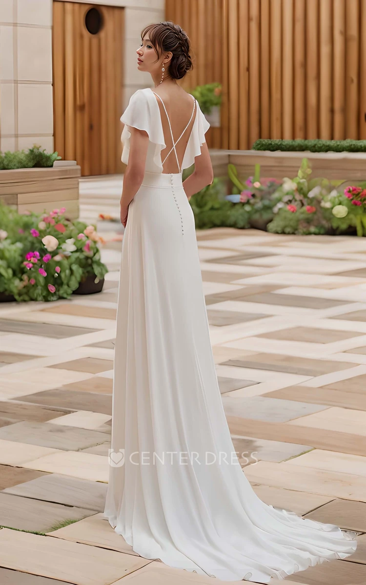 Modest Simple A-Line Chiffon Butterfly Sleeve Wedding Dress Romantic Elegant Round Neck Crossed Shoulder Straps Bridal Gown