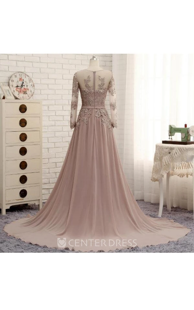 A-line Scoop Neck Long Sleeved Appliqued Chiffon Dress