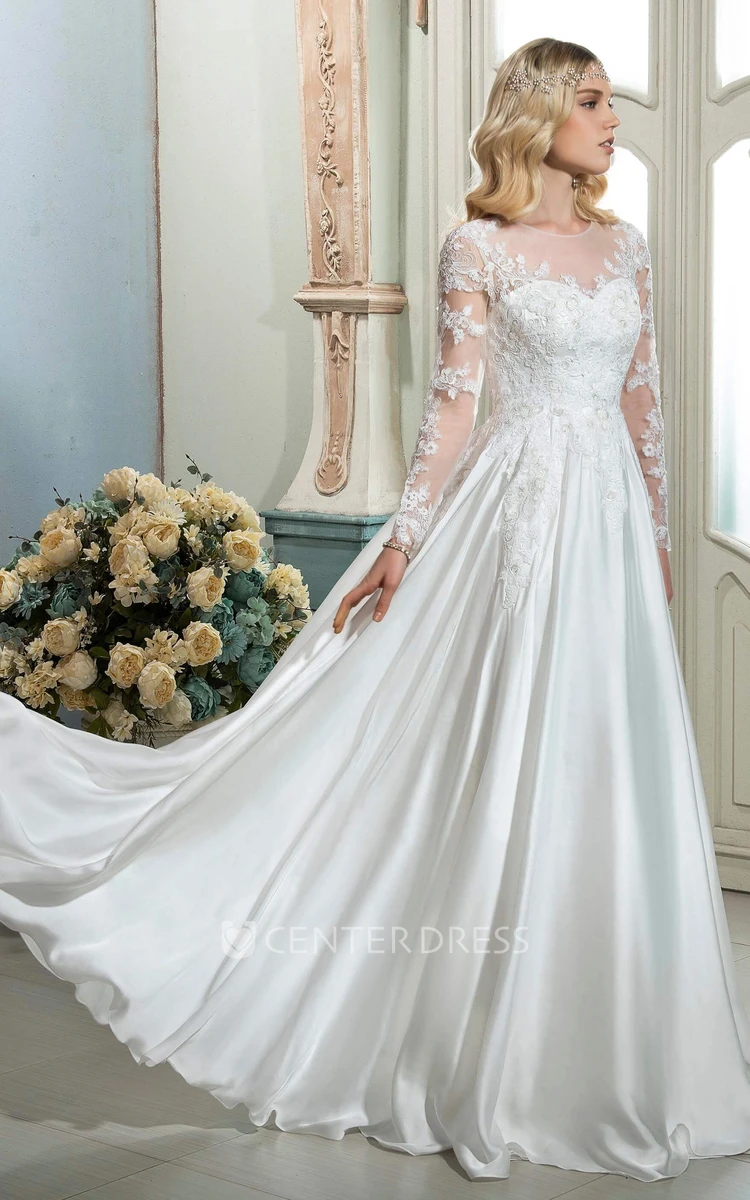 A-line Button Back Ethereal Elegant Lace Wedding Dress With Illusion Long Sleeves