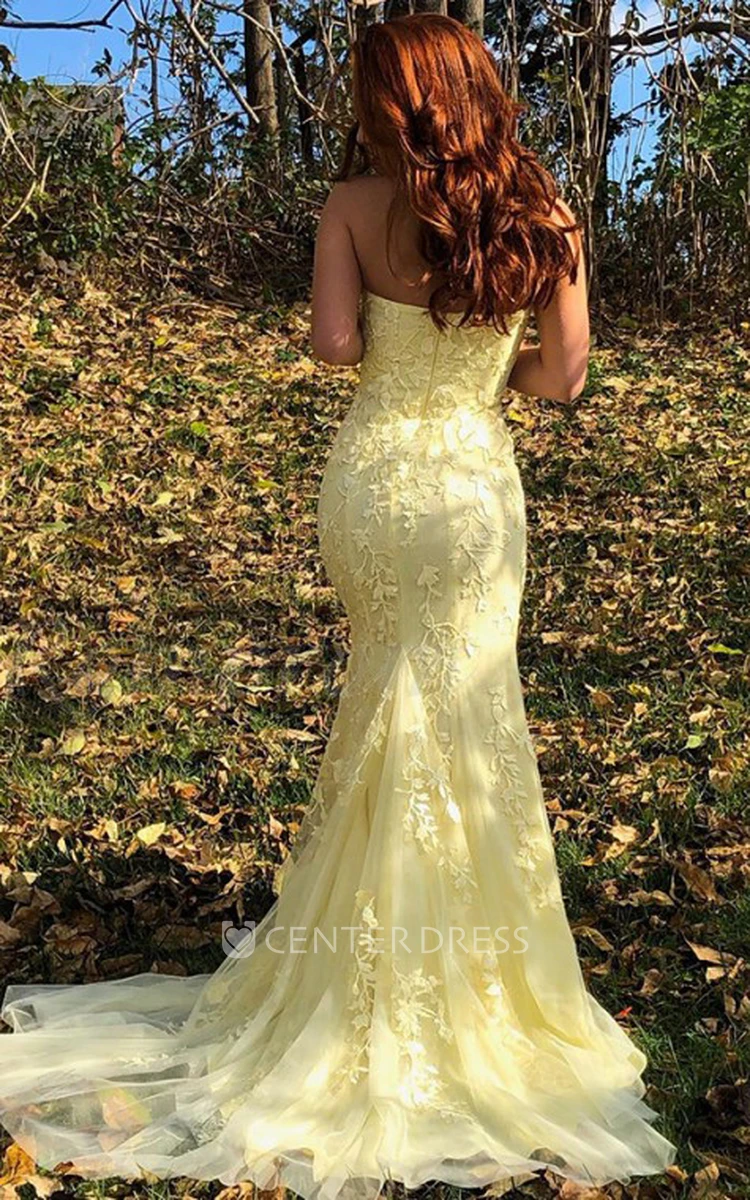 Lace Sleeveless Sheath Sweetheart Floor-length Court Train Prom Dress With Appliques