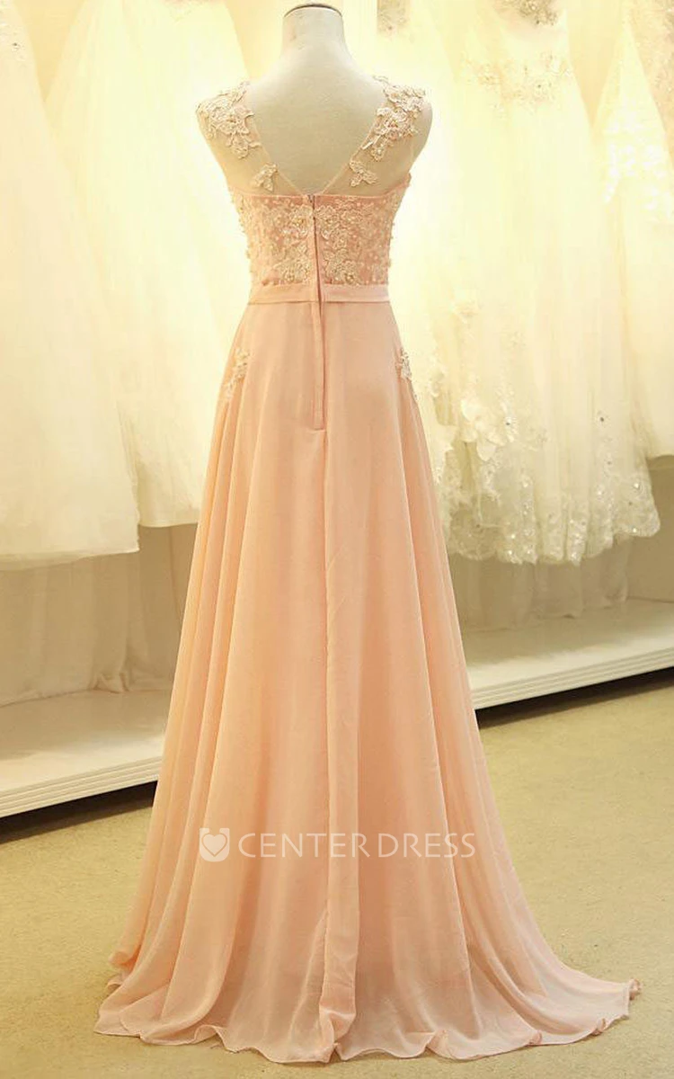 A-line Long Sleeveless Chiffon Dress with Lace Appliques