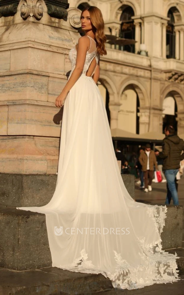 A-Line Spaghetti Tulle Keyhole Natural Wedding Dress with V-neck Sweep Train