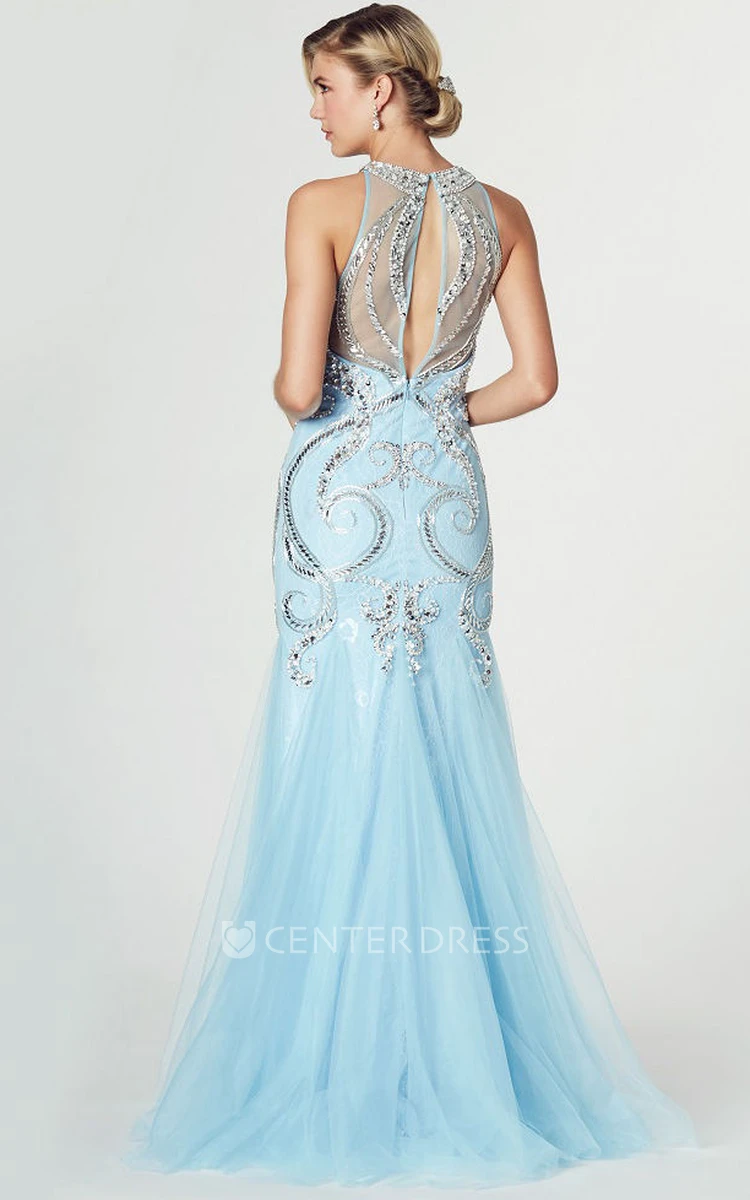 Mermaid Crystal High Neck Sleeveless Tulle Prom Dress With Illusion Back