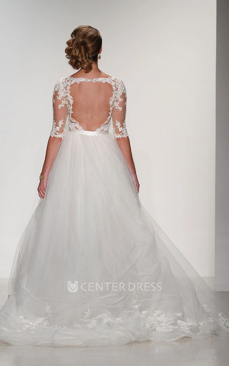 Ball Gown Square-Neck Half-Sleeve Lace Wedding Dress With Keyhole