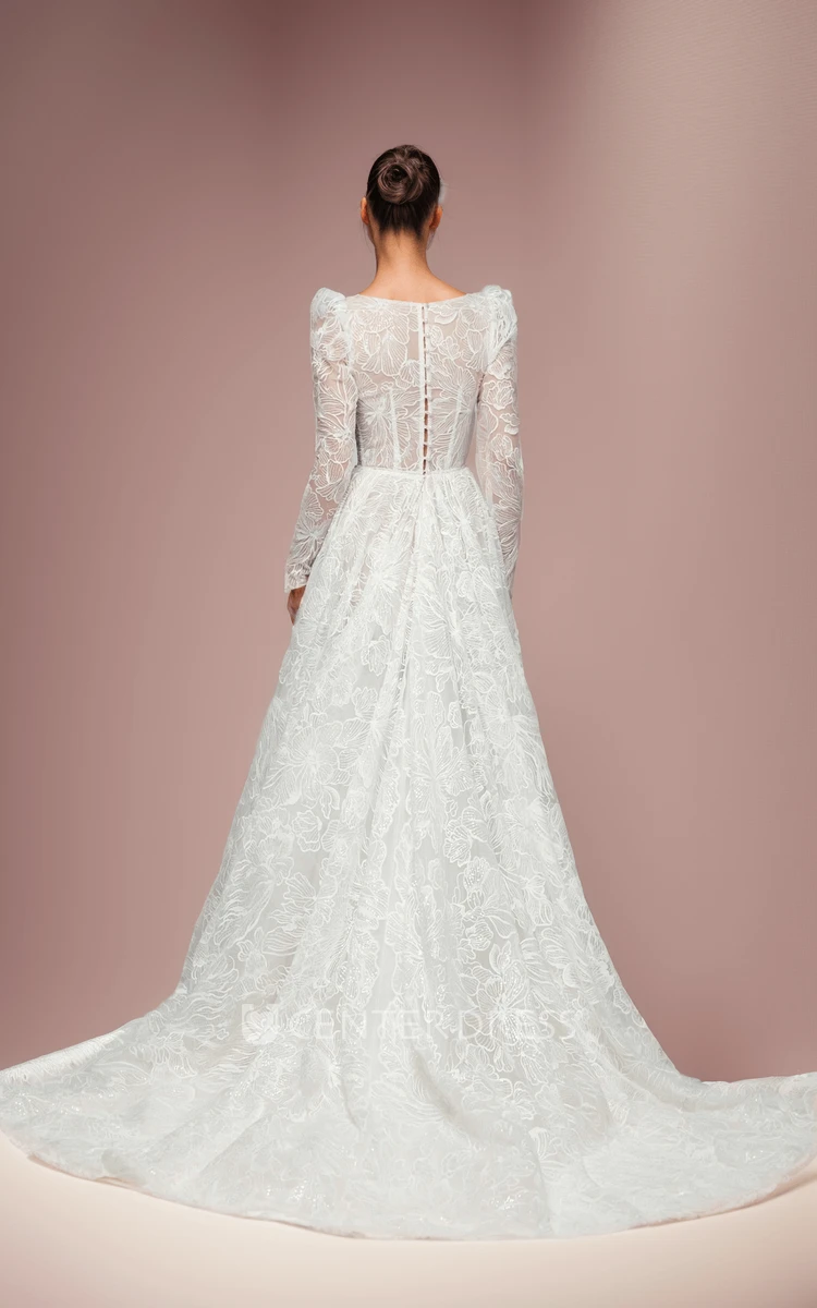 A-Line Plunging Neckline Lace Long Sleeve Wedding Gown Button Illusion Back Floor-length Bridal Gown