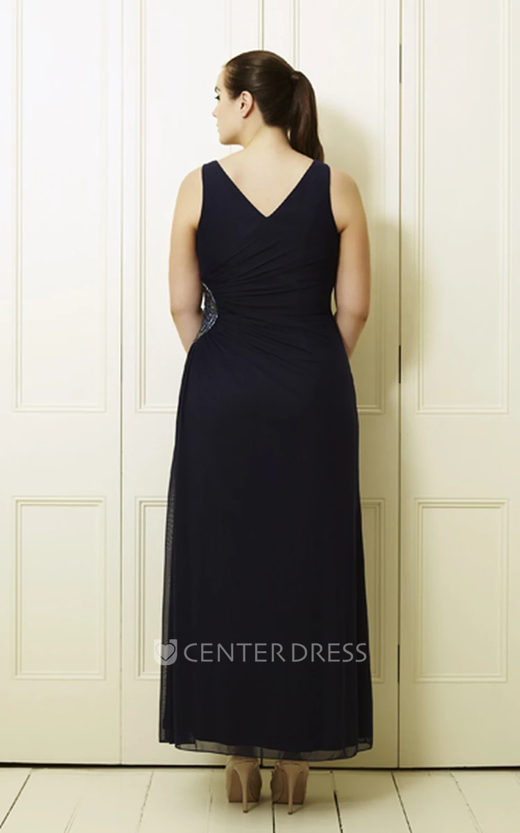 A-Line V-Neck Sleeveless Ankle-Length Side-Draped Chiffon Plus Size Prom Dress With Beading