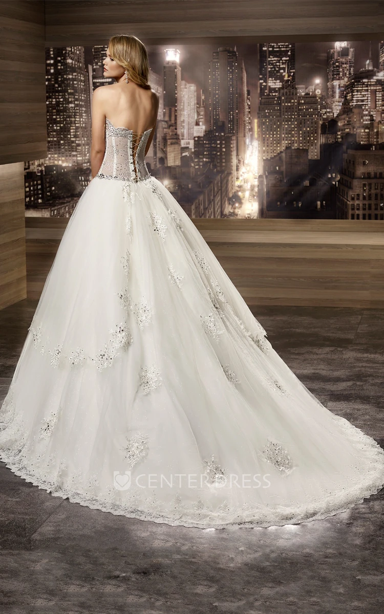 Sweetheart V-waist A-line Wedding Dress with Beaded Illusion Corset and Tier 