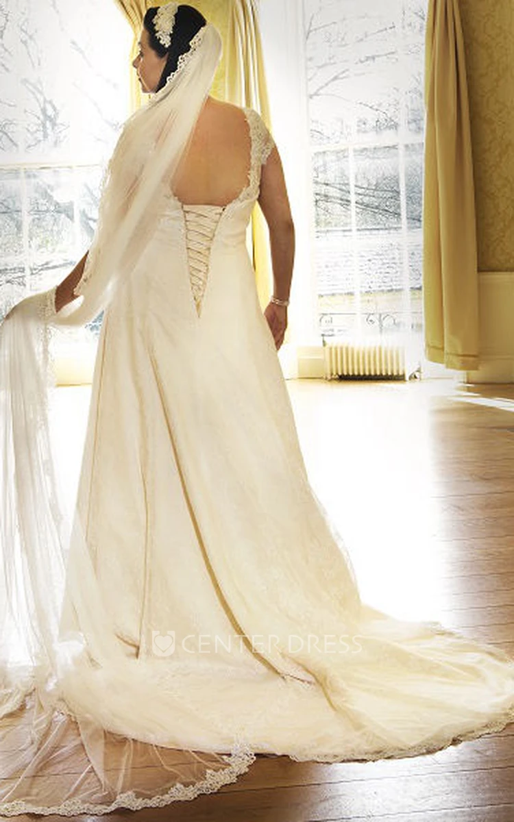 Cap Sleeve Lace Bridal Gown With Satin Sash And Lace Up