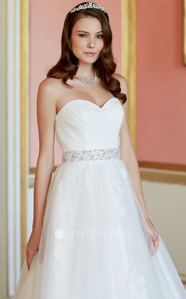 A-Line Jeweled Long Sweetheart Tulle Wedding Dress With Criss Cross And V Back