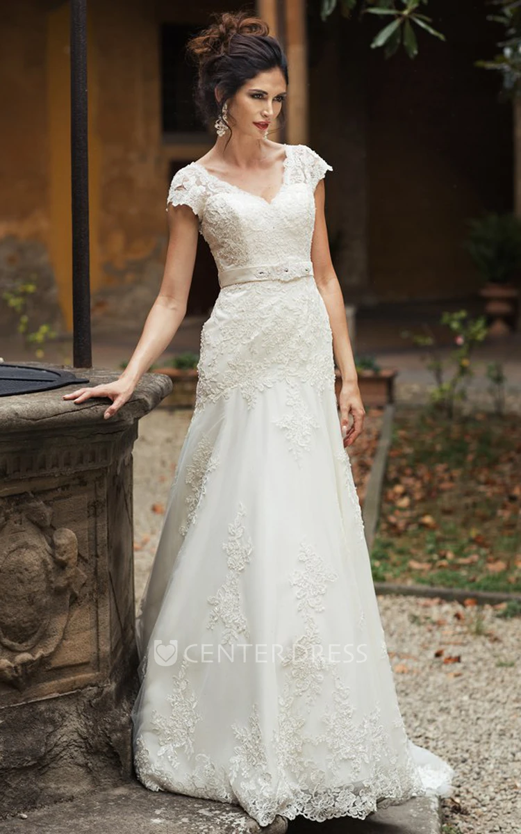 V-Neck Appliqued Maxi Cap-Sleeve Lace Wedding Dress With Sash