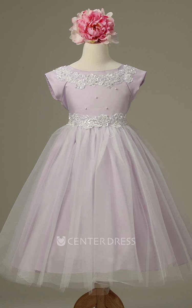 Tea-Length Cap-Sleeve Appliqued Tulle&Lace Flower Girl Dress