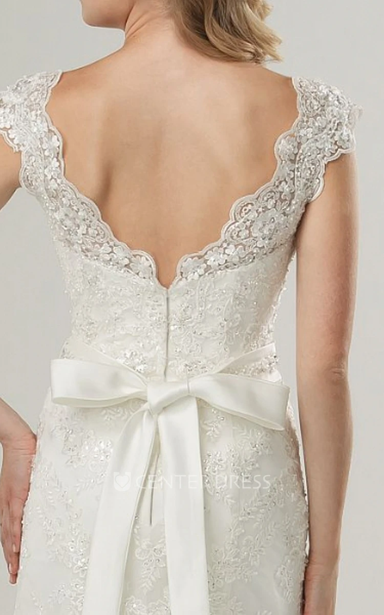 Sheath Cap-Sleeve V-Neck Jeweled Lace Wedding Dress With Bow