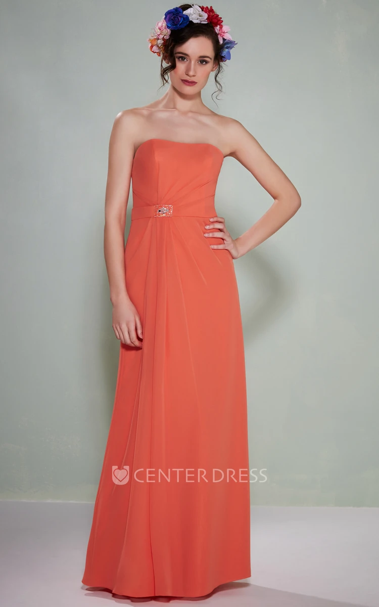 Strapless Ruched Chiffon Bridesmaid Dress With Broach