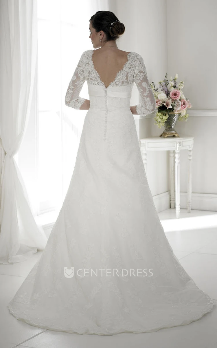 A-Line Appliqued Half-Sleeve Sweetheart Long Lace Wedding Dress With Broach