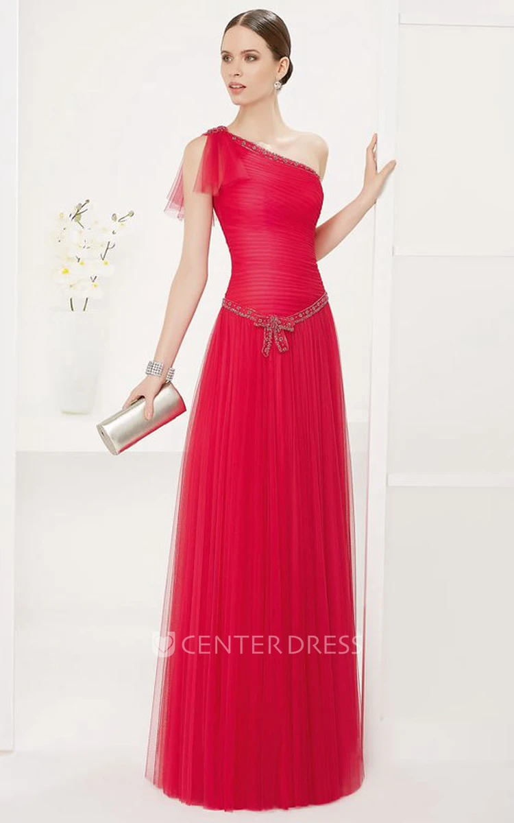 Drop Waist Asymmetric Tulle Long Prom Dress With Crystal Neckline And Waist