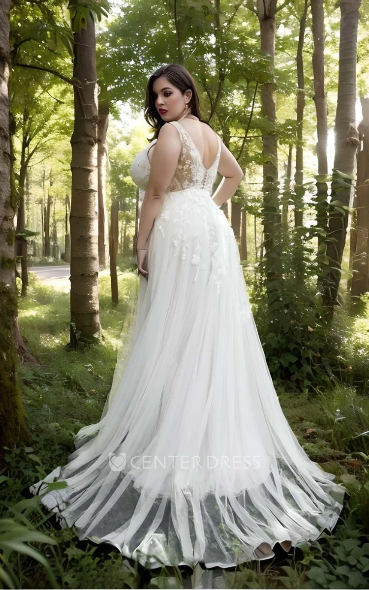Plus Size A-Line Lace Tulle Wedding Dress 2024 Elegant Country Garden Sweep Train