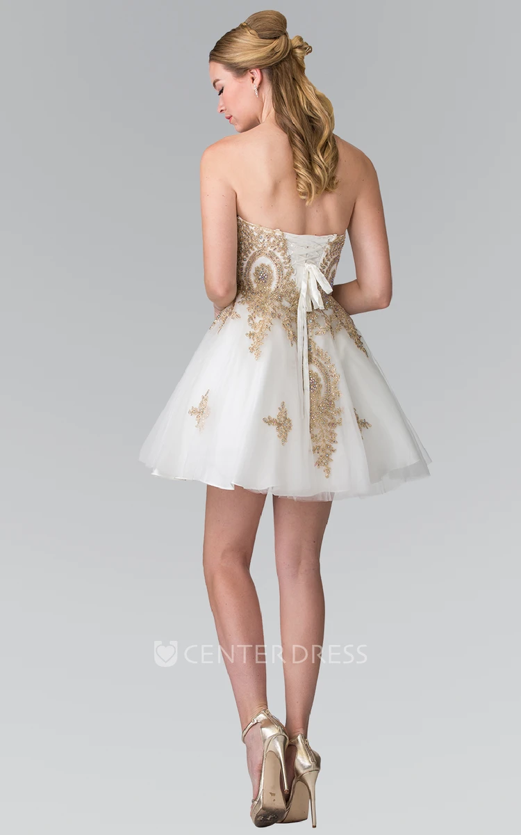 A-Line Short Sweetheart Sleeveless Tulle Lace-Up Dress With Beading
