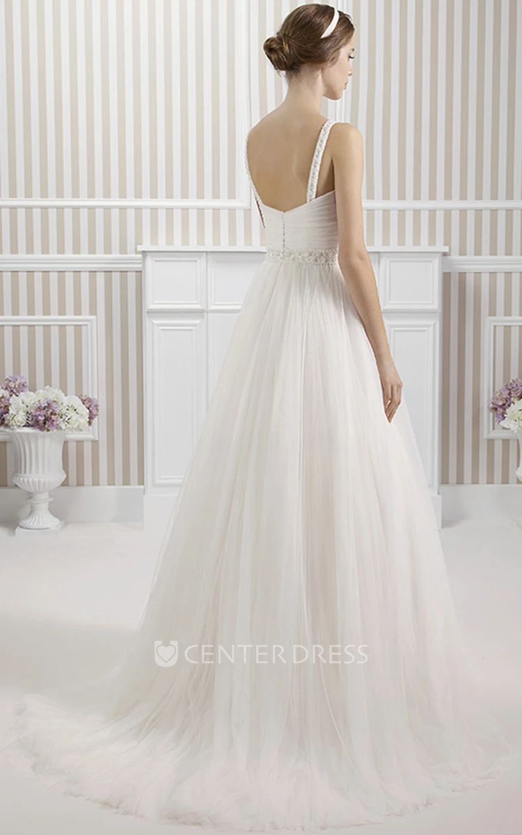 A-Line Sleeveless Floor-Length Strapless Jeweled Tulle Wedding Dress With Ruching And Low-V Back
