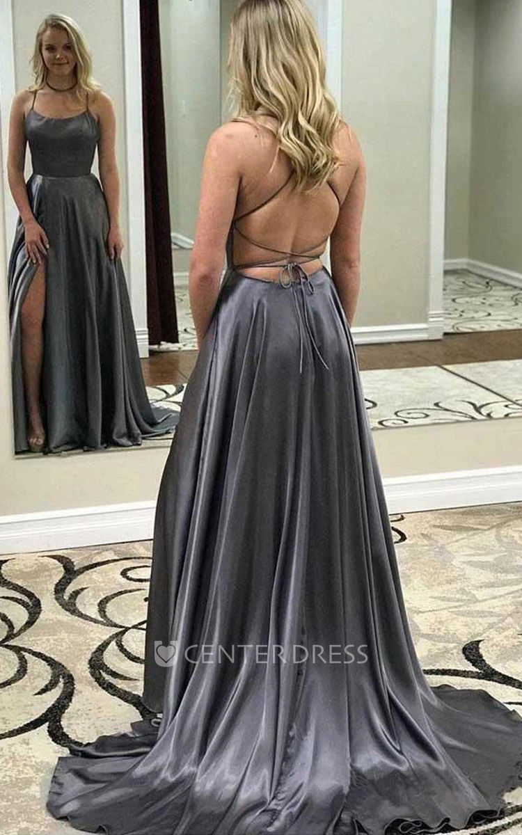 A Line Sleeveless Satin Casual Open Back Prom Dress with Split Front