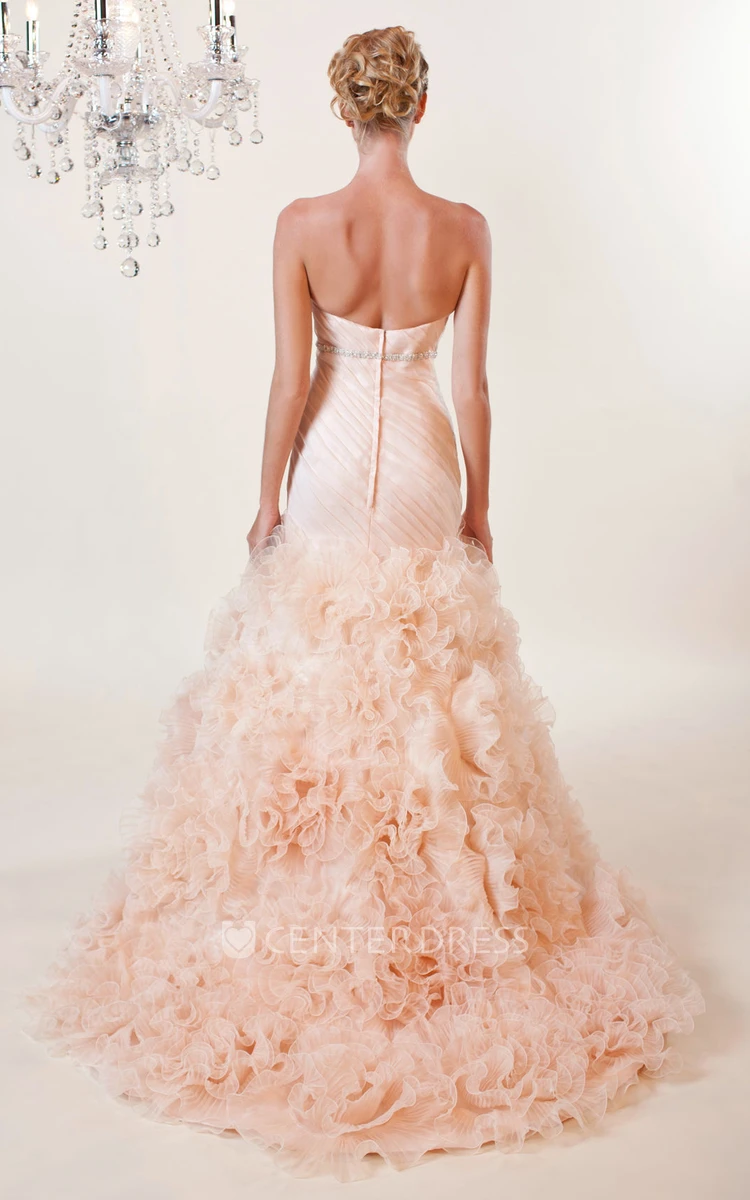 A-Line Sweetheart Jeweled Organza Wedding Dress With Criss Cross And Ruffles