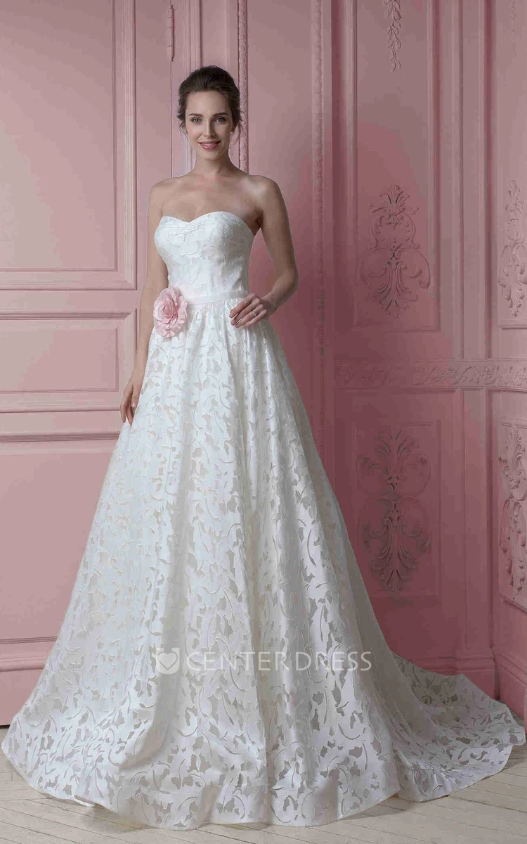 A-Line Sweetheart Satin Wedding Dress With Flower And Lace Up