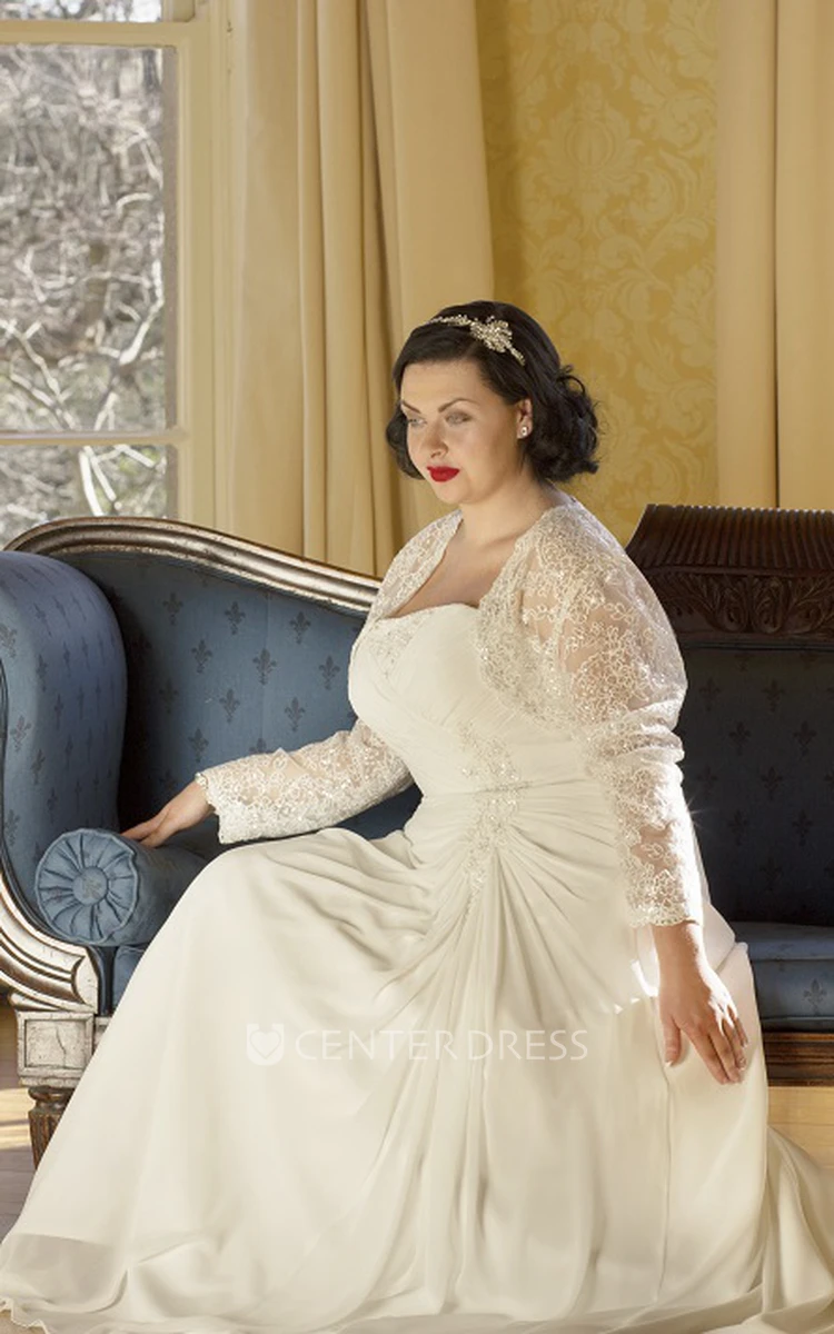 Strapless Lace-Up Bridal Gown With Removable Long-Sleeve Lace Jacket