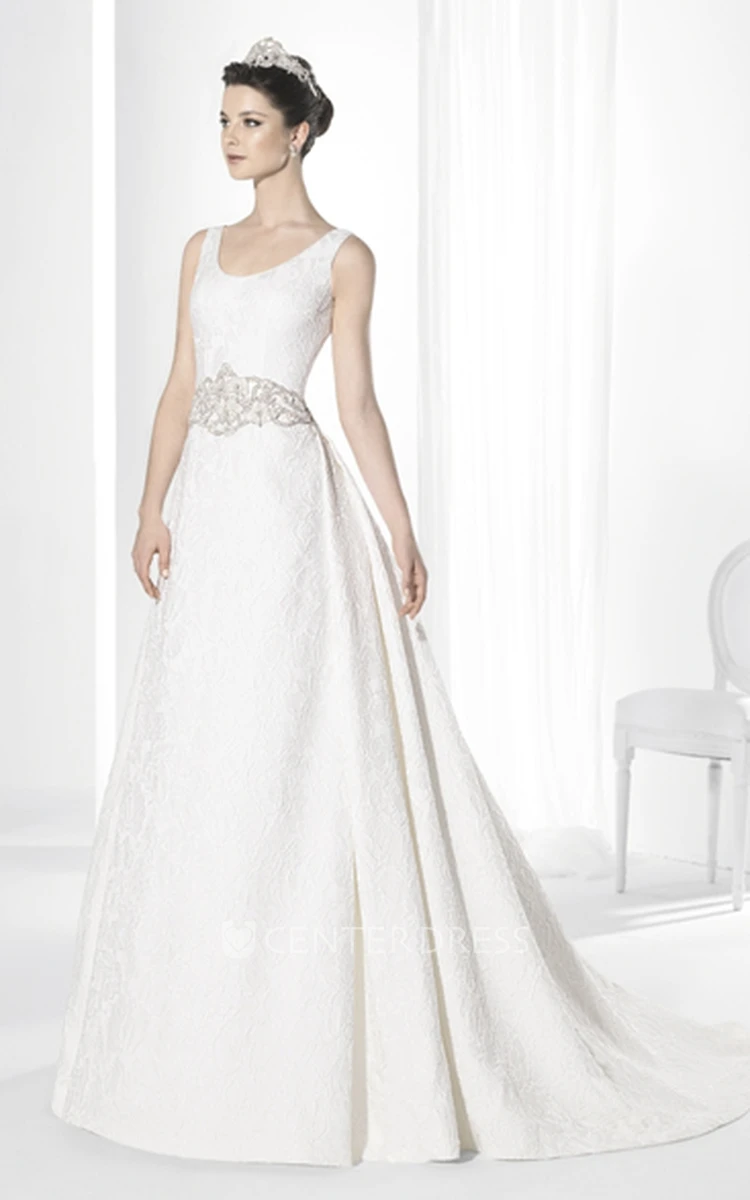 Scoop Long Jeweled Long-Sleeve Chiffon Wedding Dress With Court Train And V Back