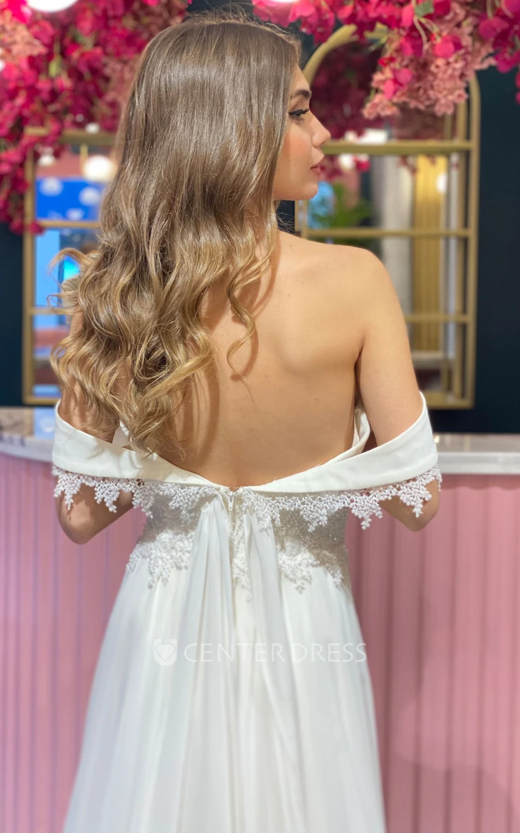 Sheath Sleeveless Chiffon Luxury Open Back Zipper Wedding Dress with Appliques and Split Front