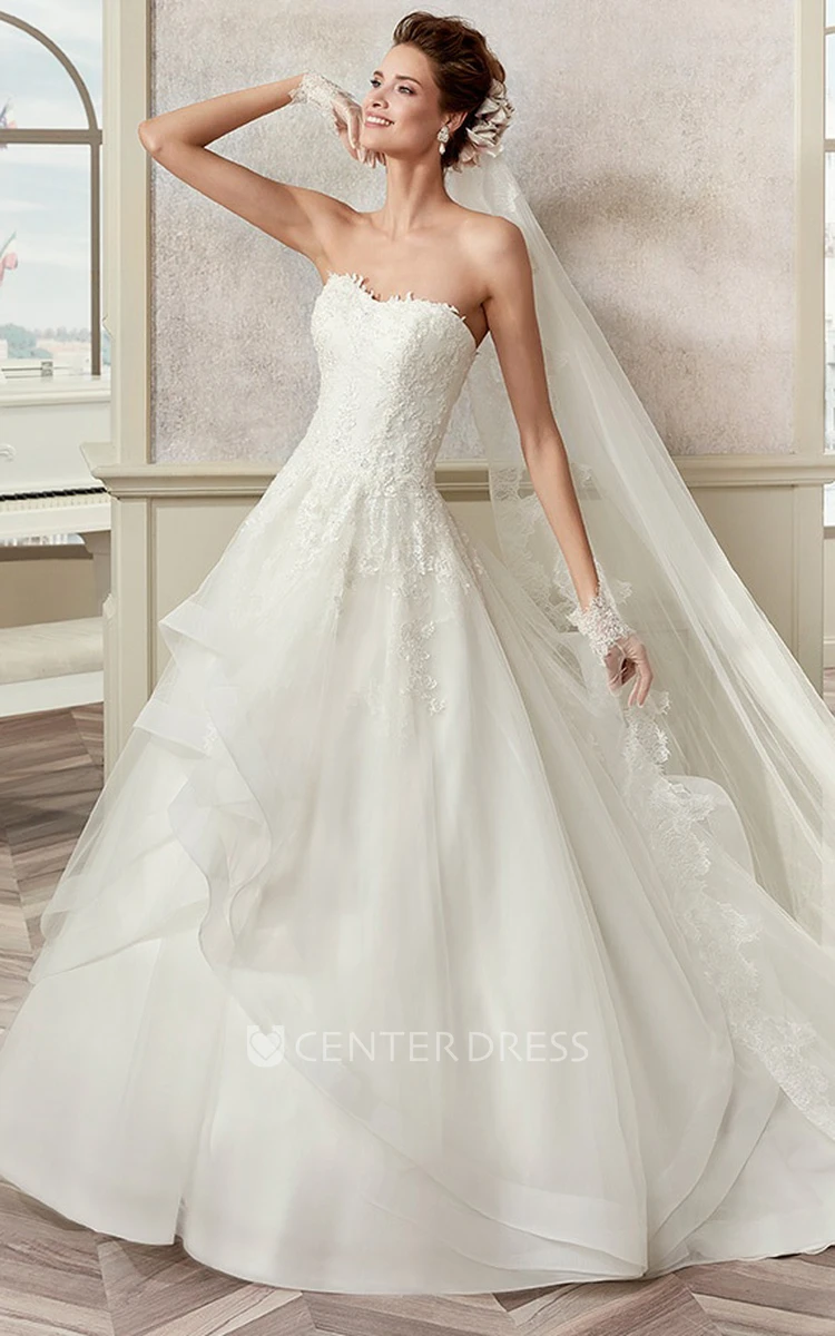 Strapless A-line Ruching Wedding Gown with Asymmetrical Ruffles and Appliques