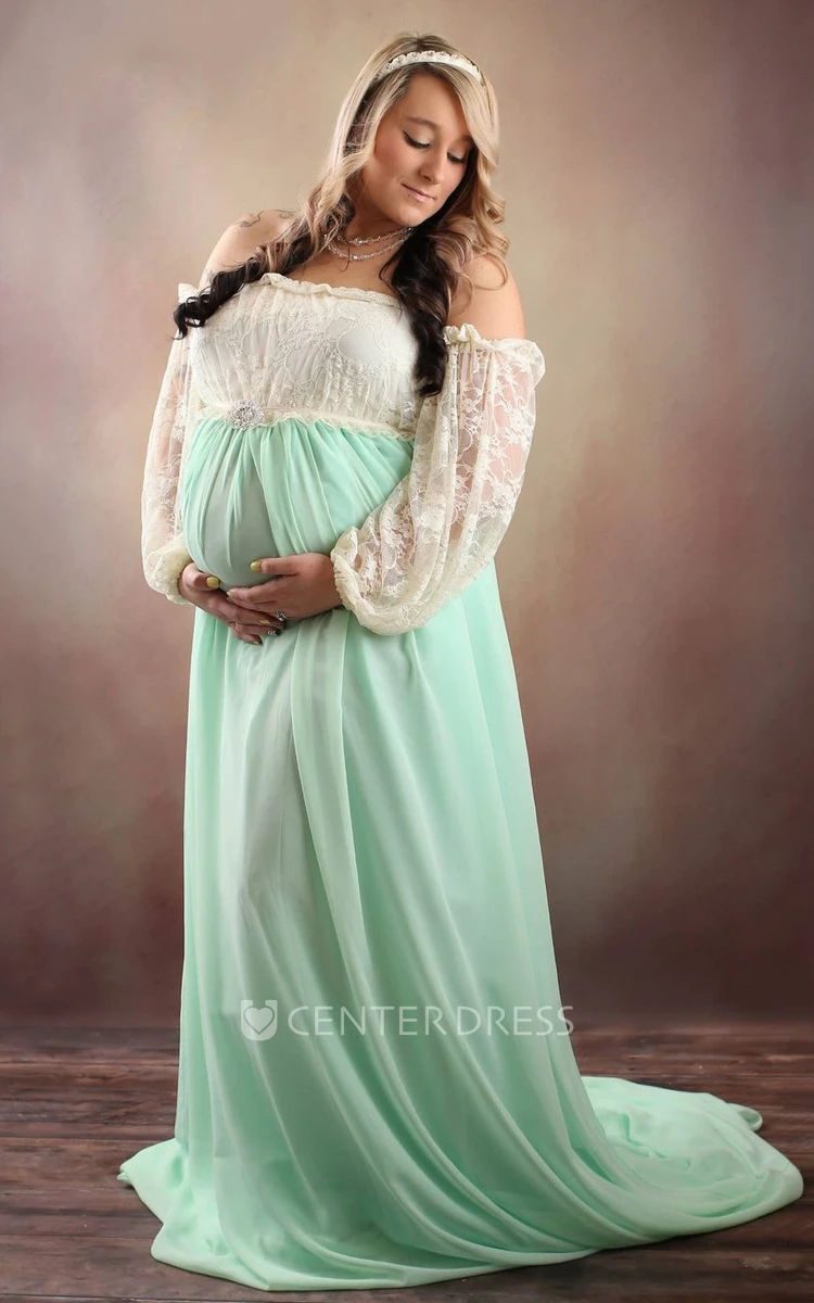 A-line Chiffon Lace Off-the-shoulder Long Sleeve Pleated Ruched Maternity Dress