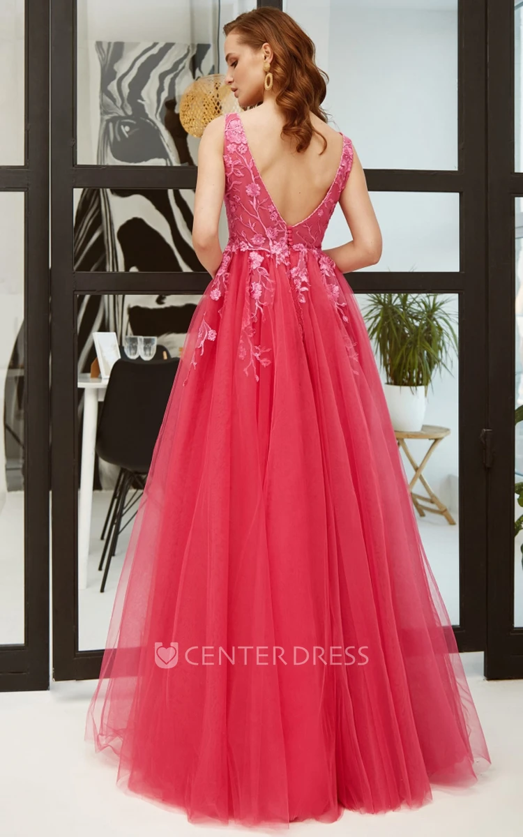 Elegant A Line V-neck Lace Floor-length Open Back Prom Dress with Appliques