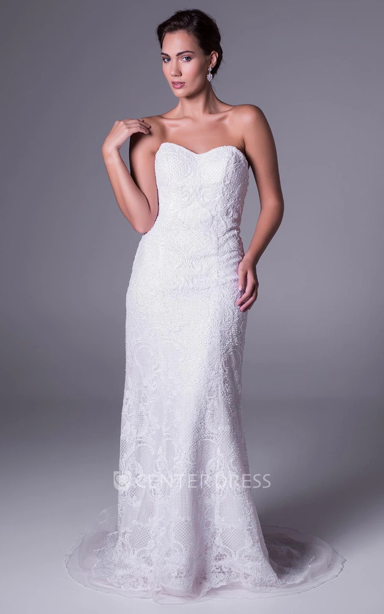 Sheath Sleeveless Floor-Length Strapless Lace Wedding Dress