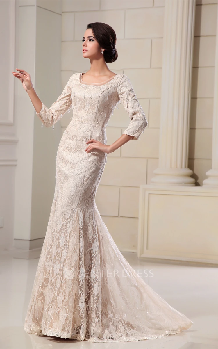 Square-Neck 3 4 Sleeves Lace Mermaid Evening Dress