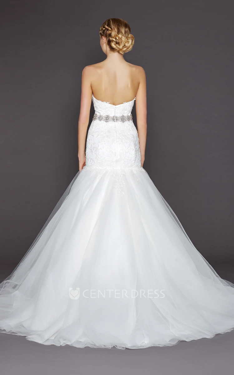 Trumpet Jeweled Floor-Length Sweetheart Tulle&Lace Wedding Dress With Appliques And V Back